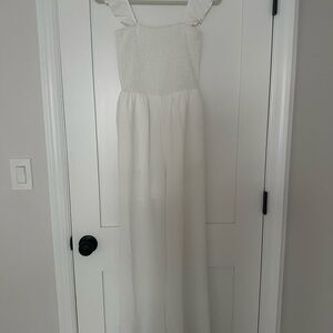 White Sleeveless Square Neck Smocked Jumpsuit